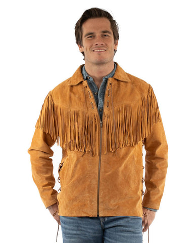 Scully Mens Rugged Fringe Bourbon Suede Leather Jacket