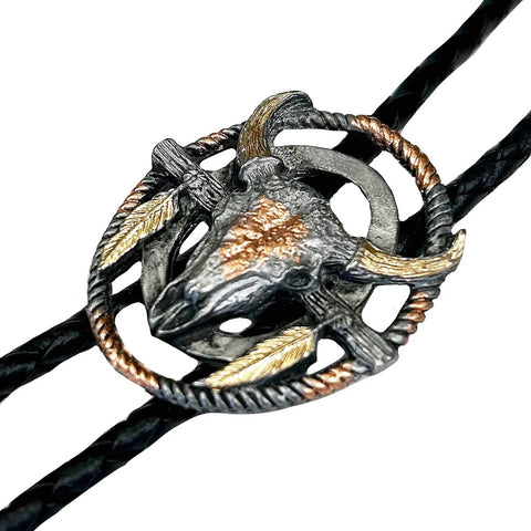 Rockmount Mens Steer Skull with Feathers Tri-Color Metal Bolo Tie