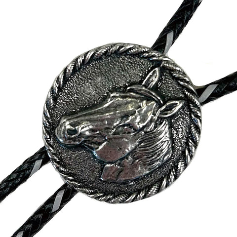 Rockmount Unisex Horsehead in Round Frame Silver Pewter Bolo Tie