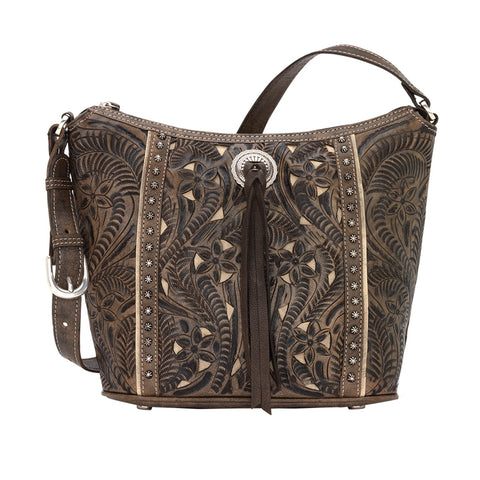 American West Womens Hill Country Distressed Charcoal Brown Leather Handbag Bag