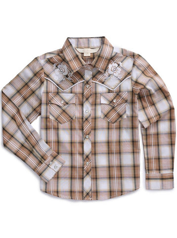 Ely and Walker Kids Girls Floral Embroidery Plaid Khaki Poly/Cotton L/S Shirt