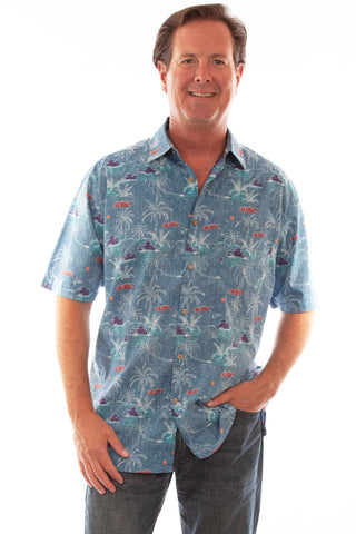 Scully Mens Hawaiian Palm Tree Blue 100% Cotton S/S Shirt