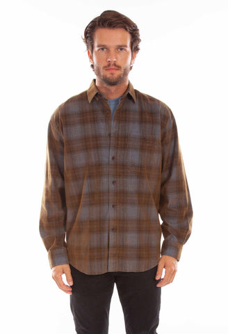 Scully Mens Corduroy Plaid Blue/Brown 100% Cotton L/S Shirt