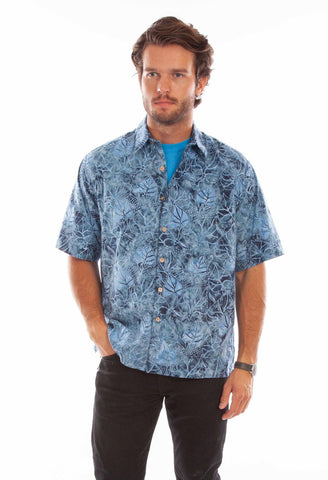 Scully Mens Batik Leaves Blue 100% Cotton S/S Shirt