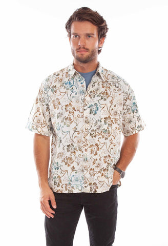 Scully Mens Batik Floral Natural 100% Cotton S/S Shirt