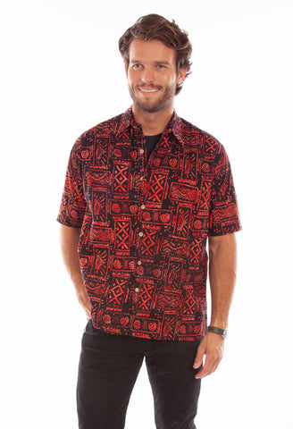 Scully Mens Batik Tribal Red 100% Cotton S/S Shirt