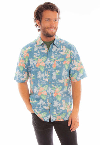 Scully Mens Hawaiian Coconuts Blue 100% Cotton S/S Shirt