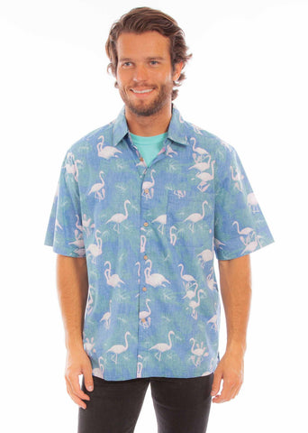 Scully Mens Hawaiian Flamingo Capri Blue 100% Cotton S/S Shirt