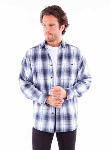Scully Mens Flannel Plaid Blue/White 100% Cotton L/S Shirt