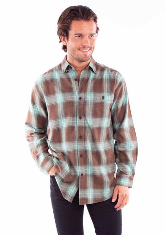 Scully Mens Flannel Plaid Brown/Green 100% Cotton L/S Shirt
