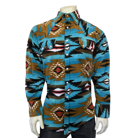 Rockmount Mens Native Pattern Western Turquoise/Brown Fleece L/S Shirt