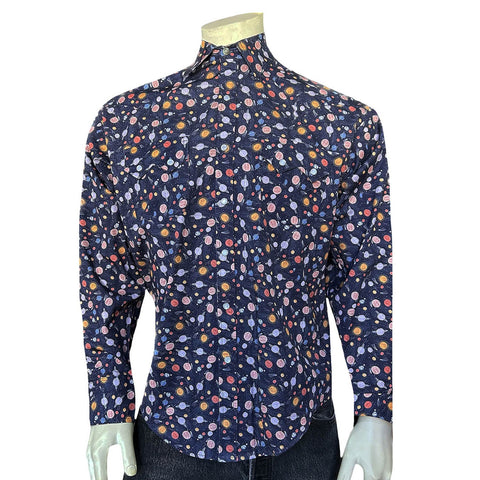 Rockmount Mens Solar System Print Navy 100% Cotton L/S Shirt