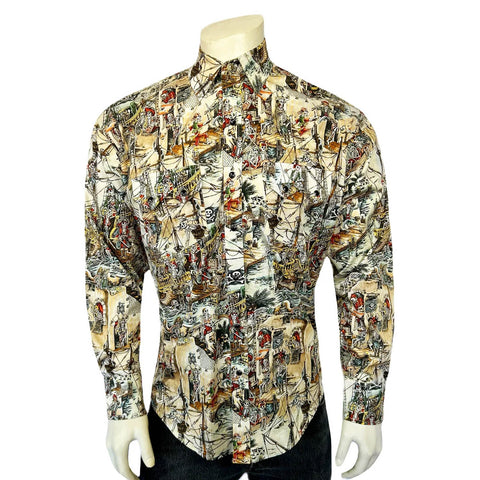 Rockmount Mens Dead Pirates Western Tan 100% Cotton L/S Shirt