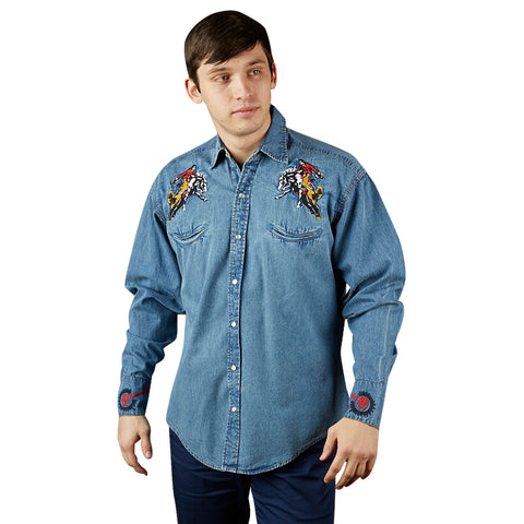 Rockmount Mens Vintage Embroidery Denim 100% Cotton L/S Shirt