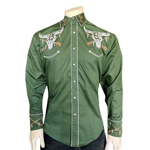 Rockmount Mens Steer Skull and Arrow Green 100% Cotton L/S Shirt