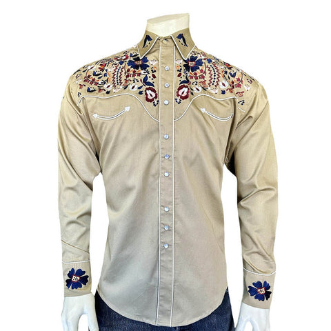 Rockmount Mens Floral Embroidered Western Khaki 100% Cotton L/S Shirt