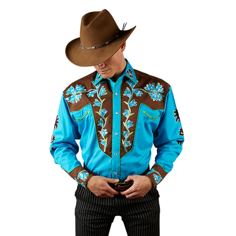 Rockmount Mens Floral 2-Tone Brown/Turquoise 100% Cotton L/S Shirt