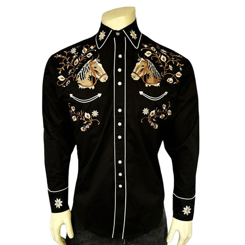 Rockmount Mens Vintage Horsehead Floral Black 100% Cotton L/S Shirt