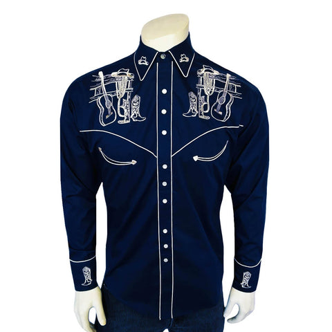 Rockmount Mens Guitar Boot and Hat Navy 100% Cotton L/S Shirt