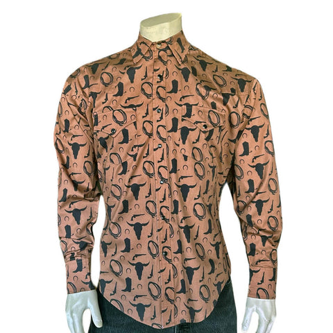 Rockmount Mens Lariat Boot Steer Skull Brown 100% Cotton L/S Shirt