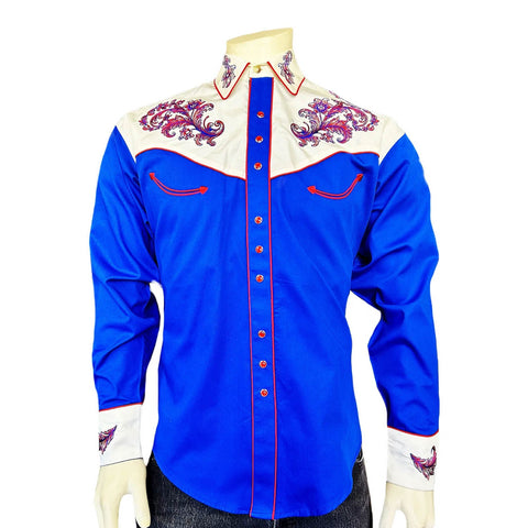 Rockmount Mens Vintage 2-Tone Floral Royal Blue/White 100% Cotton L/S Shirt