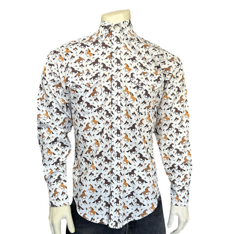Rockmount Mens Horse Print Western White/Tan 100% Cotton L/S Shirt