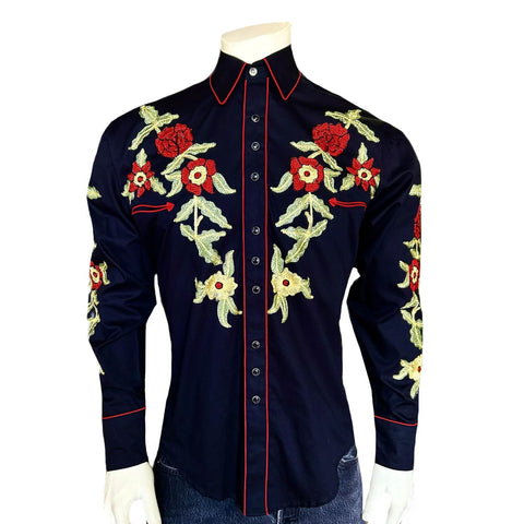 Rockmount Mens Vintage Floral Embroidered Black 100% Cotton L/S Shirt