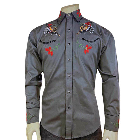 Rockmount Mens Vintage Bronc Western Grey 100% Cotton L/S Shirt