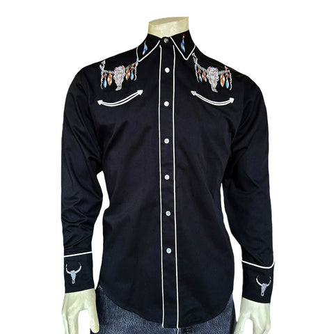 Rockmount Mens Steer Skulls with Feathers Black 100% Cotton L/S Shirt