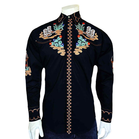 Rockmount Mens Cactus and Cowboy Boots Black 100% Cotton L/S Shirt