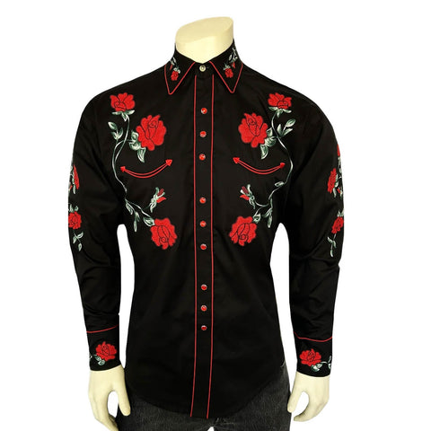 Rockmount Mens Crochet Rose Floral Black 100% Cotton L/S Shirt