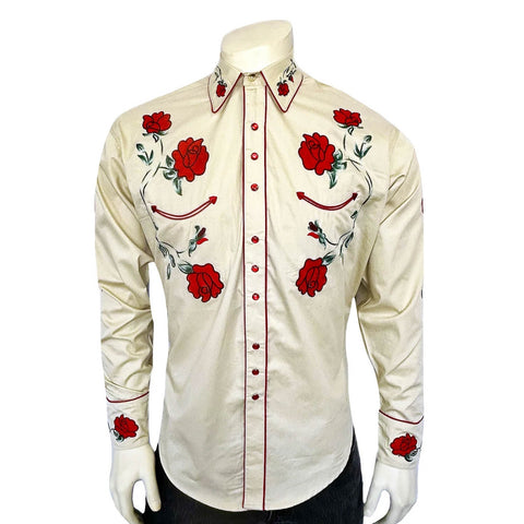 Rockmount Mens Crochet Rose Floral Khaki 100% Cotton L/S Shirt