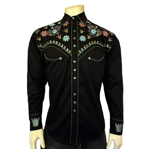 Rockmount Mens Agave Cactus Floral Black 100% Cotton L/S Shirt