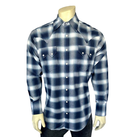 Rockmount Mens Shadow Plaid Western Blue/White 100% Cotton L/S Shirt