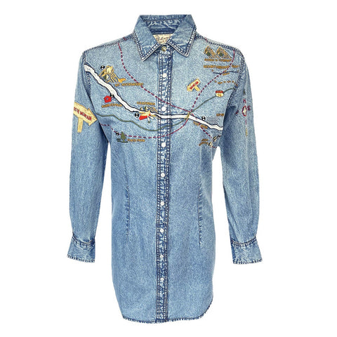 Rockmount Womens Embroidered Map Western Denim 100% Cotton L/S Dress