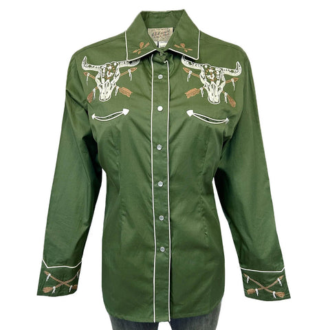 Rockmount Womens Vintage Steer Skull Green 100% Cotton L/S Shirt