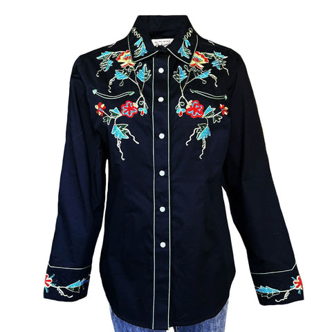 Rockmount Womens Floral Embroidered Western Black 100% Cotton L/S Shirt