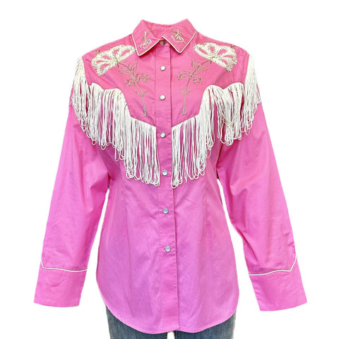 Rockmount Womens Vintage Fringe Embroidered Pink 100% Cotton L/S Shirt