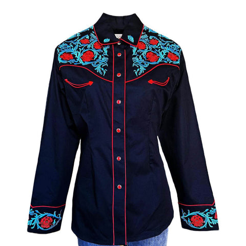 Rockmount Womens Vintage Floral Embroidered Black 100% Cotton L/S Shirt