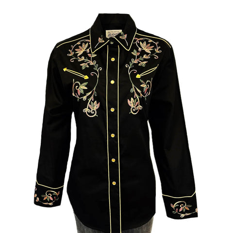 Rockmount Womens Vintage Variegated Floral Black 100% Cotton L/S Shirt