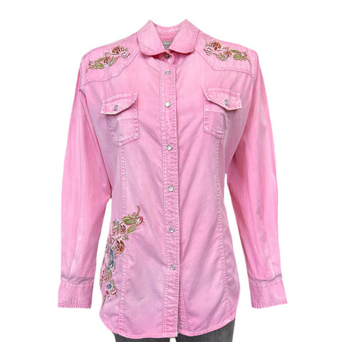 Rockmount Womens Denim Floral Embroidered Pink 100% Cotton L/S Shirt