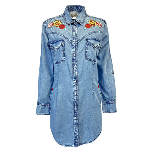 Rockmount Womens Floral Embroidery Western Denim 100% Cotton L/S Dress