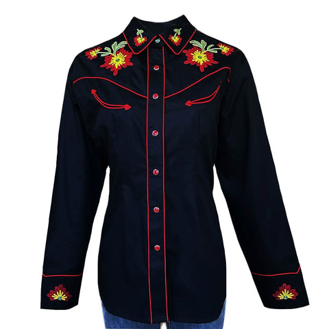 Rockmount Womens Vintage Embroidered Flower Black 100% Cotton L/S Shirt