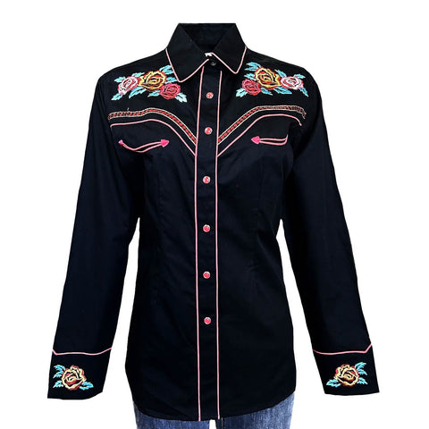 Rockmount Womens Vintage Rose Bouquet Black 100% Cotton L/S Shirt