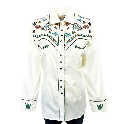 Rockmount Womens Agave Cactus Floral Ivory 100% Cotton L/S Shirt