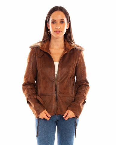 Scully Womens Bomber Aviation Brown 100% Polyester Faux Leather Jacket