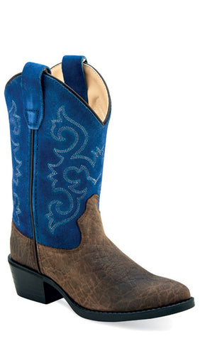 Old West Children Unisex Western Dark Brown/Suede Blue Leather Cowboy Boots