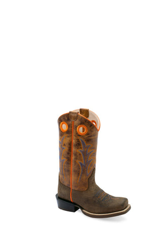 Old West Kids Unisex Medium Square Toe Burnt Dark Brown Leather Cowboy Boots