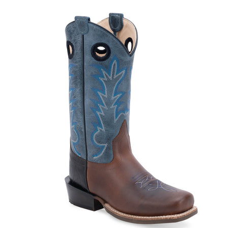 Old West Youth Unisex Medium Square Toe Blue/Brown Leather Buckaroo Cowboy Boots