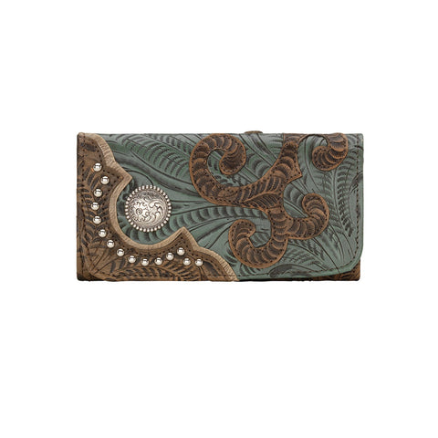 American West Annies Secret Collection Charcoal/Turquoise Leather Trifold Wallet OS